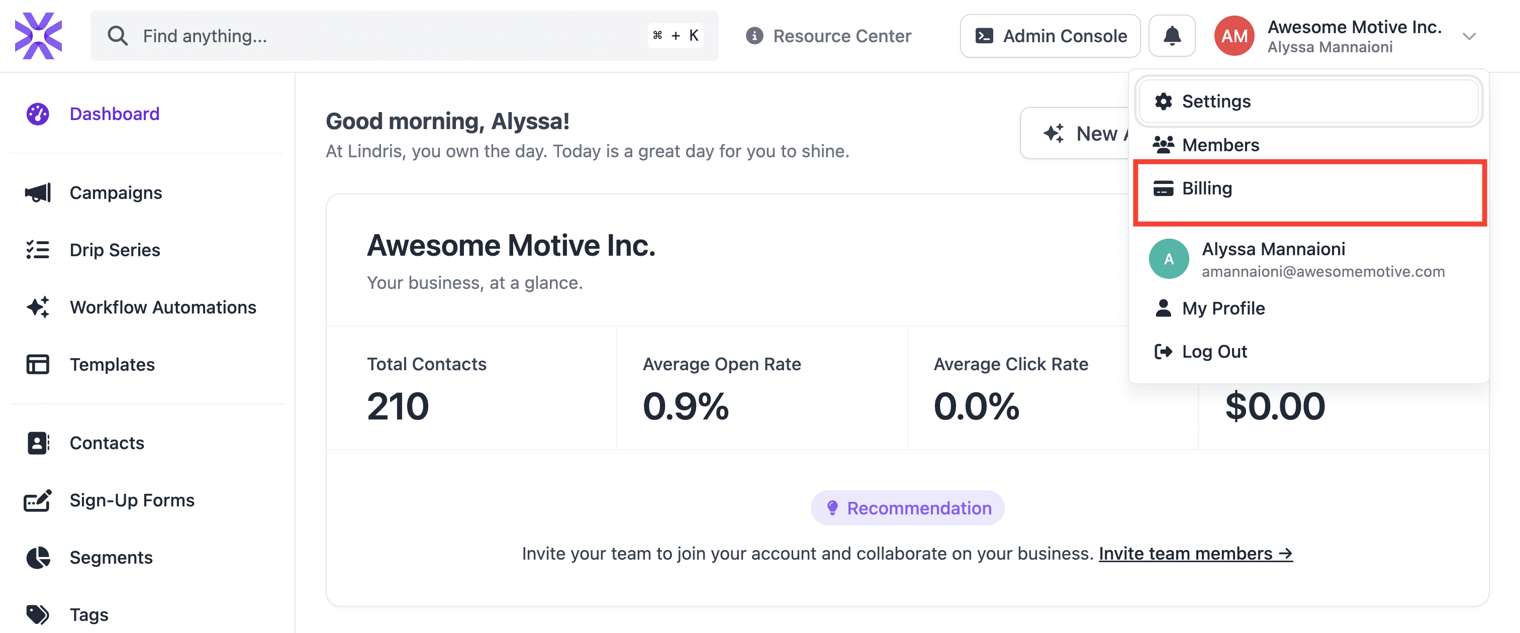 - Lindris Red box highlighting the 'Billing' option in the dropdown list.