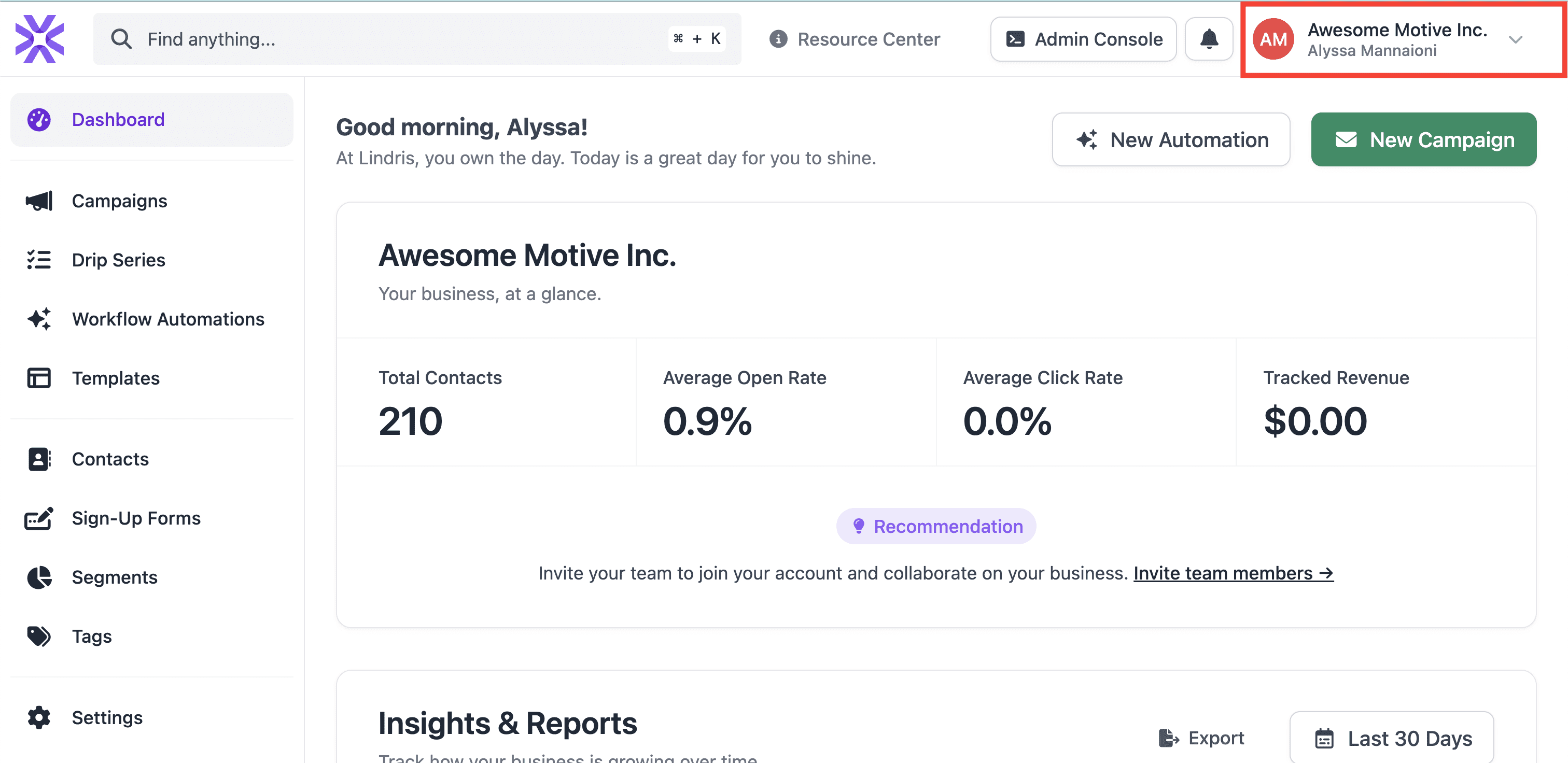 - Lindris Red box highlighting the account name in the upper right corner.