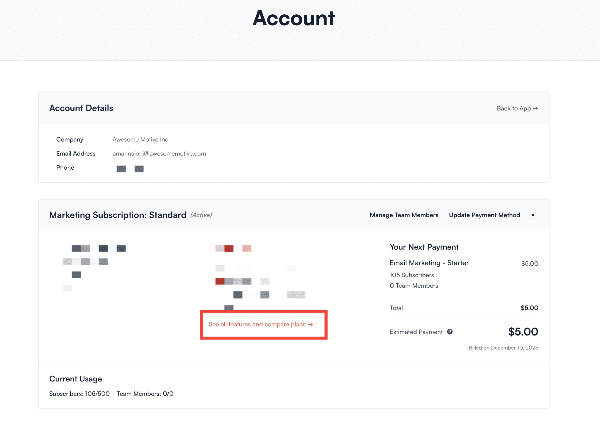 - Lindris Red box highlighting the 'See all features and compare plans' link.