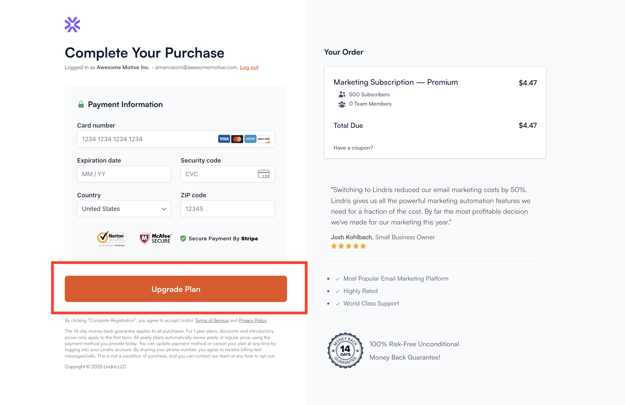 - Lindris Red box highlighting the 'Upgrade Now' button.